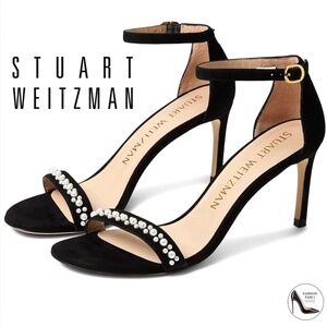 Stuart Weitzman Nunakedstraight Demipearl Sandal Black Suede Stiletto Heel Pumps